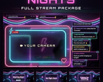 Pacchetto Neon Nights per lo streaming su Twitch, sovrapposizione animata synthwave (download digitale)