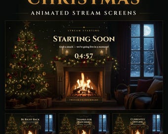 Animated Christmas Twitch Starting Soon Screen, BRB & Ending, Cozy Fireplace, Snow (Digital Download)