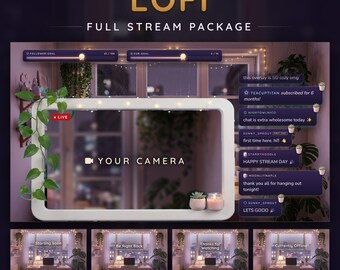 Lavender Lofi Twitch Stream Package, Animated Cozy Overlay, Chat, Goal Bar, Webcam Frame, Screens, Spin Wheel (Digital Download)