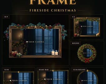 Fireside Christmas Animated Twitch Webcam Frame, Gold Garland Wreath Webcam Overlay and Camera Border for OBS Streamlabs (Digital Download)