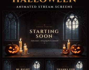 Schermata di avvio imminente di Twitch per Halloween a mezzanotte, BRB e fine, candele gotiche animate (download digitale)