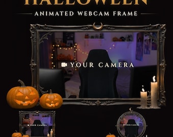Cornice animata gotica per webcam Twitch a tema Halloween, con candele tremolanti e zucche intagliate (download digitale)