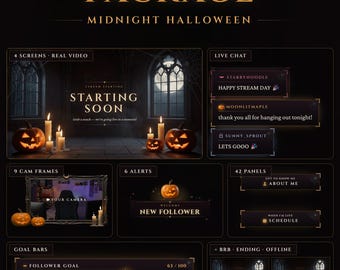 Midnight Halloween Twitch Stream Package, Animated Gothic Overlay Pack, Alerts, Chat, Goal Bar, Webcam Frame, Screens, Panels, Stinger