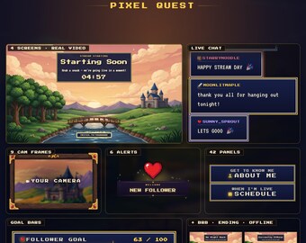 Pixel Quest Twitch Stream Package, Animated 16-Bit RPG Overlay Pack, Alerts, Chat, Goal Bar, Webcam Frame, Screens, Panels, Stinger