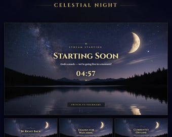 Celestial Night Twitch Starting Soon Screen, BRB, Ending & Offline, Animated Moonlit Lake Stream Background (Digital Download)