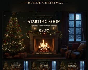 Christmas Twitch Starting Soon Screen, BRB, Ending & Offline, Animated Cozy Fireplace Stream Background (Digital Download)