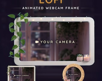 Cornice animata per webcam Twitch in stile Lofi color lavanda, con lucine scintillanti e sovrapposizione in legno e rattan (download digitale)