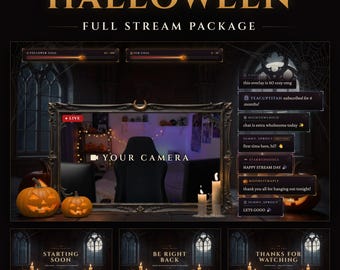 Pacchetto per lo streaming di Halloween a mezzanotte su Twitch, con overlay animato, chat, barra degli obiettivi e cornice per webcam (download digitale)
