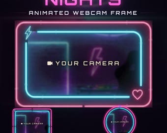Cornice animata per webcam Twitch rosa ciano neon, sovrapposizione per streaming synthwave (download digitale)