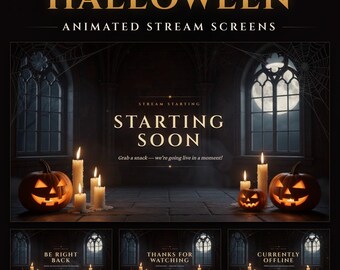 Midnight Halloween Twitch Starting Soon Screen, BRB & Ending, Animated Gothic Candles (Digital Download)