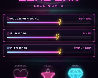 Neon Nights Twitch Goal Bar Widget, Animated Customizable Follower Sub Bits Goal for OBS Streamlabs StreamElements (Digital Download)