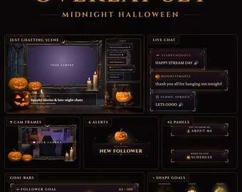 Midnight Halloween Twitch Overlay Set, Animated Gothic Stream Pack, Alerts, Chat, Goal Bars, Webcam Frame, Stinger, Panels