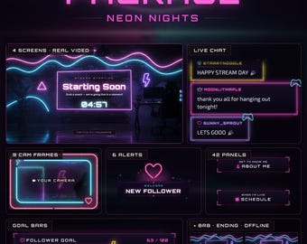 Neon Nights Twitch Stream Package, Animated Synthwave Overlay Pack, Alerts, Chat, Goal Bar, Webcam Frame, Screens, Panels, Stinger