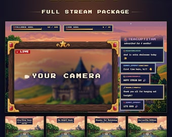 Pixel Quest Twitch Stream Package, 16-Bit RPG Overlay with Chat, Webcam Frame, Screens, Spin Wheel (Digital Download)