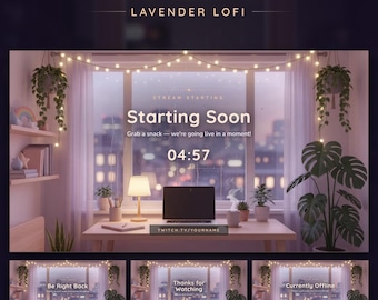 Lofi Twitch Starting Soon Screen, BRB, Ending & Offline, Animated Rainy Lofi Room Stream Background (Digital Download)
