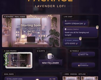 Lavender Lofi Twitch Stream Package, Animated Cozy Lofi Overlay Pack, Alerts, Chat, Goal Bar, Webcam Frame, Screens, Panels, Stinger