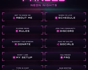 Neon Nights Twitch Panels, 42 Glowing Synthwave Stream About Panels Pack and Panel Maker for Twitch & Kick (Digital Download)