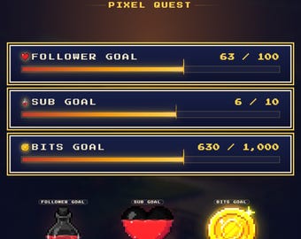 Pixel Quest Twitch Goal Bar Widget, Animated Customizable Follower Sub Bits Goal for OBS Streamlabs StreamElements (Digital Download)