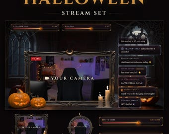 Set di overlay per Twitch a tema Halloween (Midnight Halloween), con chat animata, barre degli obiettivi e cornice per webcam (download digitale).