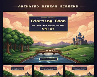Pixel Art Twitch Starting Soon Screen, BRB & Ending, Animated Castle Valley (Digital Download)
