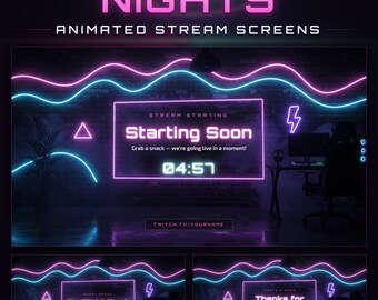 Neon Nights Twitch Starting Soon Screen, BRB & Ending, Animated Neon Room (Download digitale)