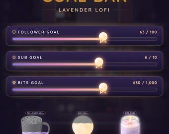 Lavender Lofi Twitch Goal Bar Widget, Animated Customizable Follower Sub Bits Goal for OBS Streamlabs StreamElements (Digital Download)