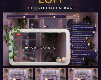 Pacchetto di streaming Twitch Lavender Lofi, sovrapposizione animata accogliente, chat, barra degli obiettivi, cornice per webcam, schermate, ruota della fortuna (download digitale)