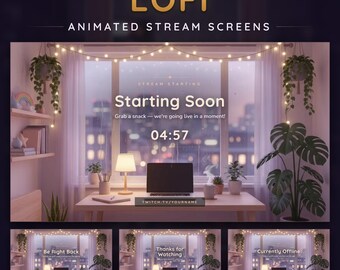Lofi Twitch Starting Soon Screen, BRB & Ending, Animated Rainy Room Scenes (Digital Download)