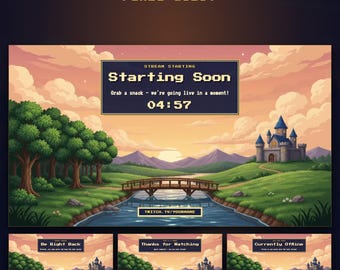 Pixel Art Twitch Starting Soon Screen, BRB, Ending & Offline, Animated Castle Valley Stream Background (Digital Download)