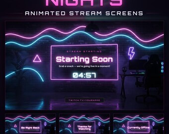 Neon Nights Twitch Starting Soon Screen, BRB & Ending, Animated Neon Room (Digital Download)