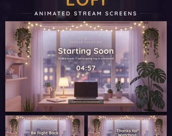 Lofi Twitch Starting Soon Screen, BRB & Ending, Animated Rainy Room Scenes (Download digitale)