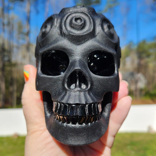 Unique!!! - Intricate 5.2" Obsidian Crystal Skull with Circular Patterns - Reiki, Chakra, Healing Crystals