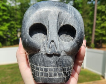 Primitive Style 6.0" Black Marble Skull from India - Reiki, Chakra, Healing Crystal