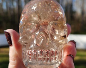 Pale Smokey Quartz Crystal Skull (3.2"): Carved by Meena, Rainbows
