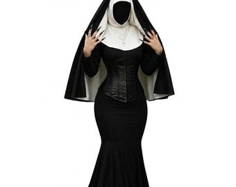 Scary Nun Costume For Women,  Black Nun Dress with Veil, Cross Necklace, Corset, Horror Ghost Cosplay | Ren Faire Gothic - Horror-Themed
