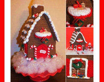 May include: A crocheted gingerbread house with a red door and white icing. The house is decorated with candy canes and a wreath. The text "When you buy 1 house you get all 3" is at the top of the image. The text "Gingerbread House" is at the bottom of the image.