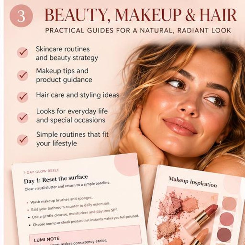 May include: A beauty guide titled Beauty, Makeup & Hair featuring practical guides for a natural, radiant look. The text includes skincare routines, makeup tips, hair care, and a 7-Day Glow Reset plan with daily steps and makeup inspiration.