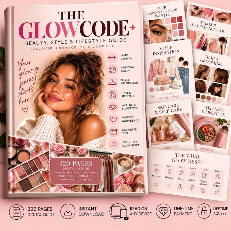 May include: A digital guide titled The Glow Code featuring a woman on the cover, with sections on beauty, style, and lifestyle. The guide includes 320 pages of practical tips, checklists, and routines, with a 7-day glow reset plan included.