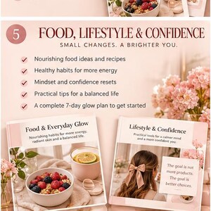 May include: A promotional graphic titled FOOD, LIFESTYLE & CONFIDENCE with a list of five bullet points. Below, two book covers are displayed: one titled Food & Everyday Glow featuring a bowl of berries, and one titled Lifestyle & Confidence.