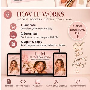 May include: A digital download guide titled LUMI THE GLOW CODE displayed on a laptop and two tablets. The graphic includes instructions: 1. Purchase, 2. Download, 3. Open & Enjoy. It features a pink colour scheme, 320 pages, and lifetime access.