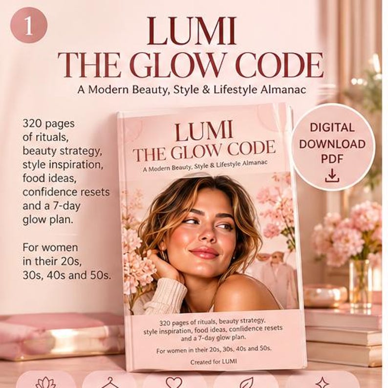 May include: A digital download PDF book titled LUMI THE GLOW CODE: A Modern Beauty, Style & Lifestyle Almanac. The cover features a person with wavy hair, pink flowers, and text detailing 320 pages of rituals, beauty strategy, and a 7-day glow plan.