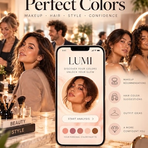 May include: A smartphone displays the LUMI app interface for colour analysis, featuring a portrait, a start analysis button, and a colour palette. The screen text reads LUMI, DISCOVER YOUR COLOURS, UNLOCK YOUR GLOW, and START ANALYSIS.