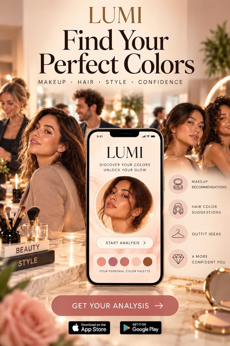 May include: A smartphone displays the LUMI app interface for colour analysis, featuring a portrait, a start analysis button, and a colour palette. The screen text reads LUMI, DISCOVER YOUR COLOURS, UNLOCK YOUR GLOW, and START ANALYSIS.
