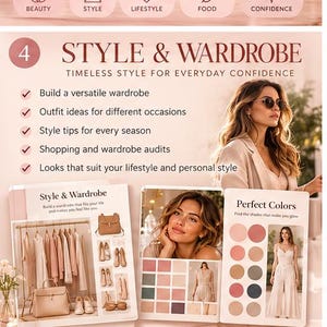 May include: An informational graphic titled Style & Wardrobe featuring text, bullet points, and images of clothing, handbags, shoes, and colour palettes. The layout includes photographs of a person wearing sunglasses and a white jumpsuit.