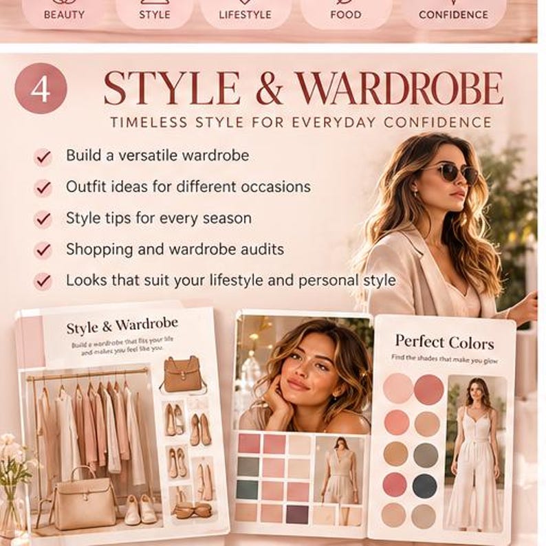 May include: An informational graphic titled Style & Wardrobe featuring text, bullet points, and images of clothing, handbags, shoes, and colour palettes. The layout includes photographs of a person wearing sunglasses and a white jumpsuit.