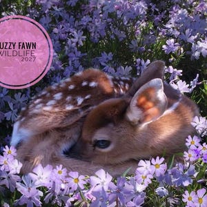 May include: A brown fawn with white spots resting among purple phlox flowers. A circular pink logo in the upper left corner contains the text FUZZY FAWN WILDLIFE 2027 in black lettering. The fawn is curled up with its head tucked inward.