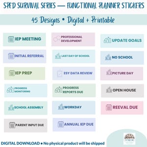 May include: A digital collection of 45 functional planner stickers titled SPED SURVIVAL SERIES. The rectangular stickers feature pastel backgrounds and icons representing school events like IEP MEETING, NO SCHOOL, and PROGRESS REPORTS DUE.