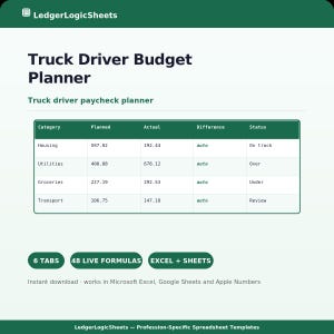 May include: A digital Truck Driver Budget Planner spreadsheet template by LedgerLogicSheets. The interface features a table with columns for Category, Planned, Actual, Difference, and Status, tracking expenses like housing, utilities, groceries, and transport.