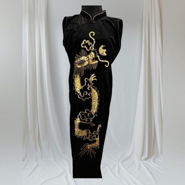 Vintage Qipao Velvet Black and Gold Y2K Dress 90’s? Size XL