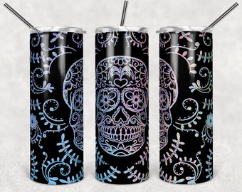 skull tumbler, day of the dead, sugar skull, 20oz skinny tumbler, custom tumbler, double wall tumbler, skeleton